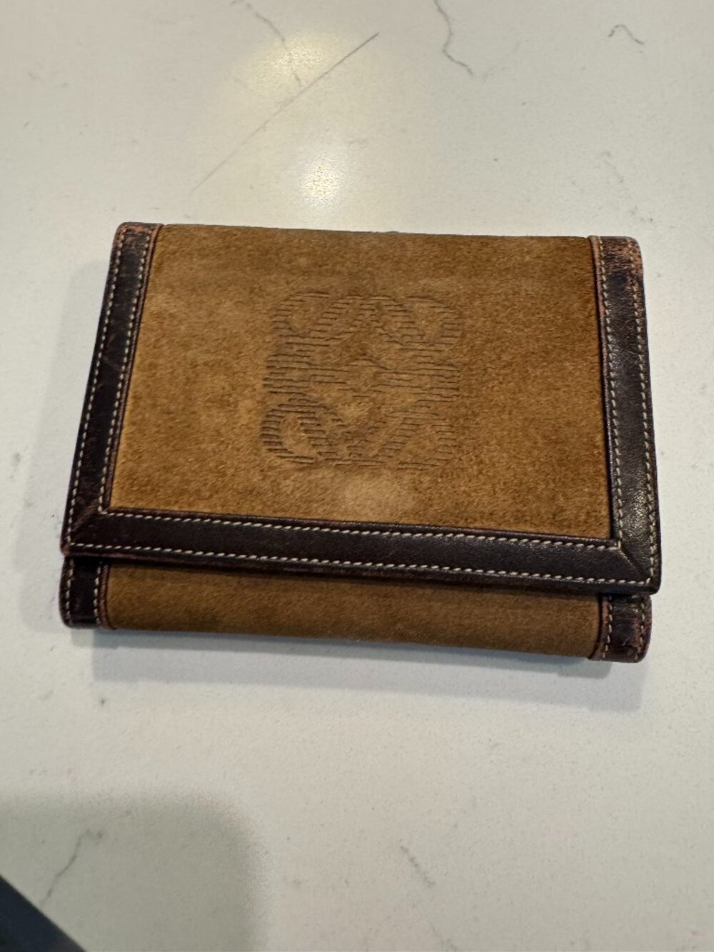 LOEWE Trifold Wallet gold suede brown leather trim goldtone hardware w/ Anagram